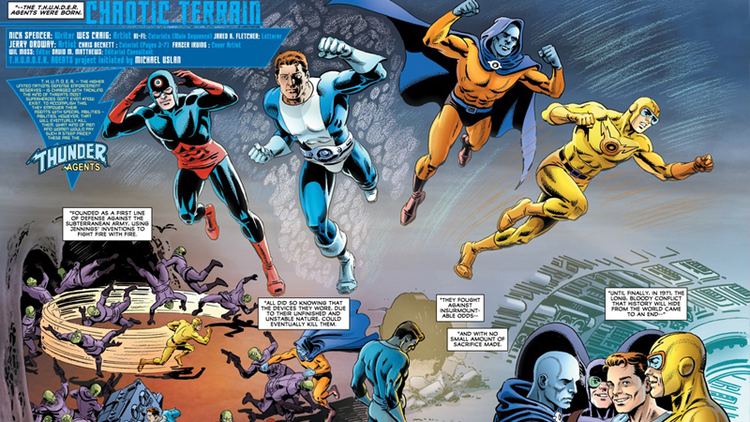 A page of the comic T.H.U.N.D.E.R. Agents featuring Skyman, Thunder, Dynamo, and Lightning fighting with the villains