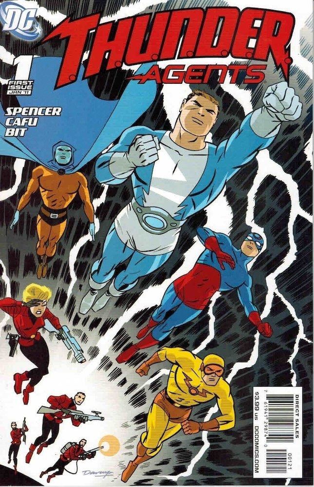 A DC cover featuring the T.H.U.N.D.E.R. Agents- Noman, Dynamo, Menthor, Lightning, and the T.H.U.N.D.E.R. Squad- Kitten, Guy, Weed, and Dynamite