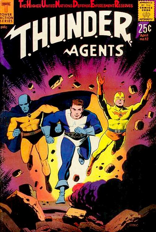A cover page of the comic "T.H.U.N.D.E.R. Agents" featuring Dr. Manhattan, Dynamo, and Lightning