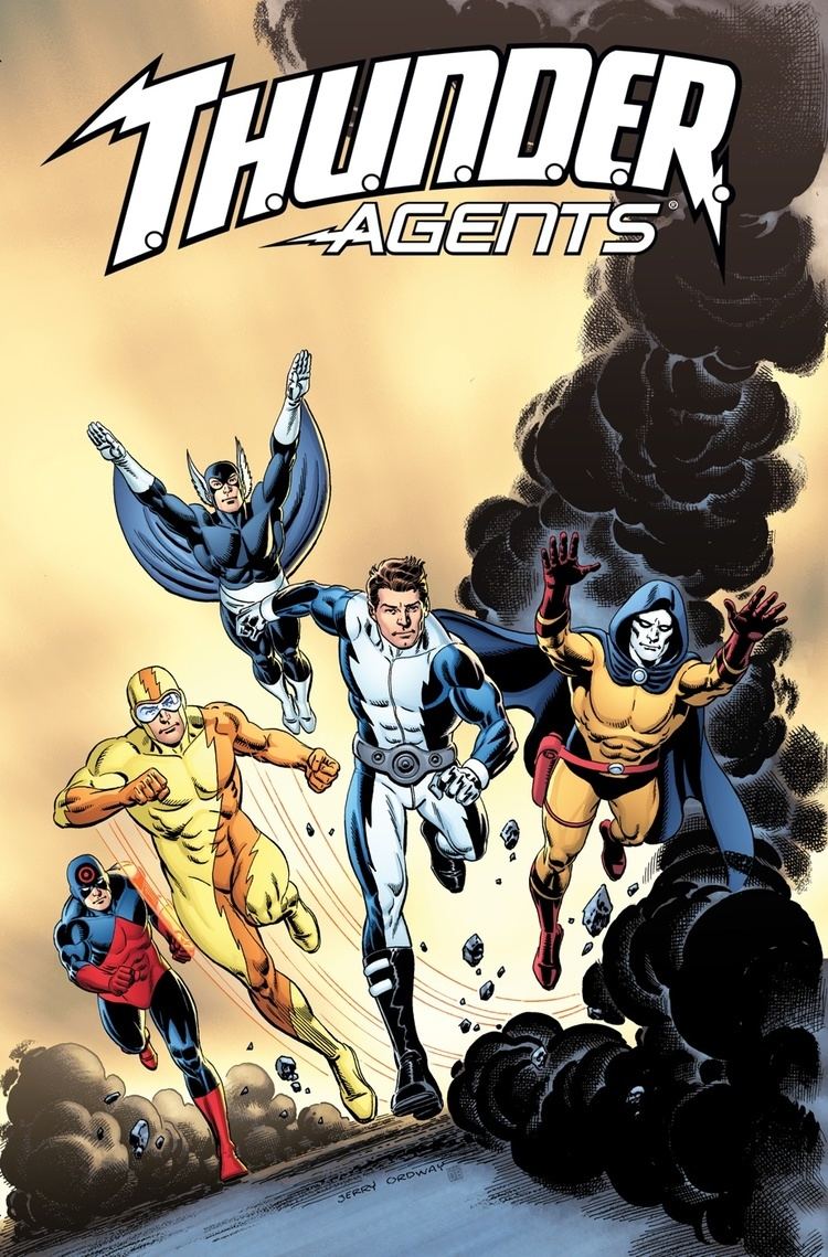 A poster of the comic "T.H.U.N.D.E.R. Agents" featuring Menthor, Lightning, Raven, Dynamo, and Noman