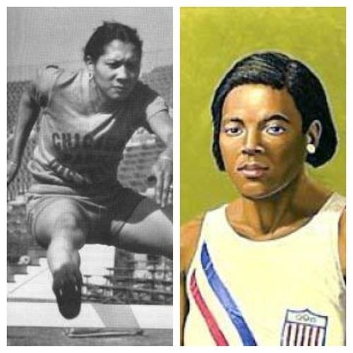 On the left, Tidye Pickett training for Olympic hurdles at Randall Island NY, with a serious face, and wearing earrings, a t-shirt, and shorts. On the right, a portrait of Louise Stokes Fraser with a serious face and black short hair while wearing earrings and a white sleeveless blouse with red and blue stripes and a logo