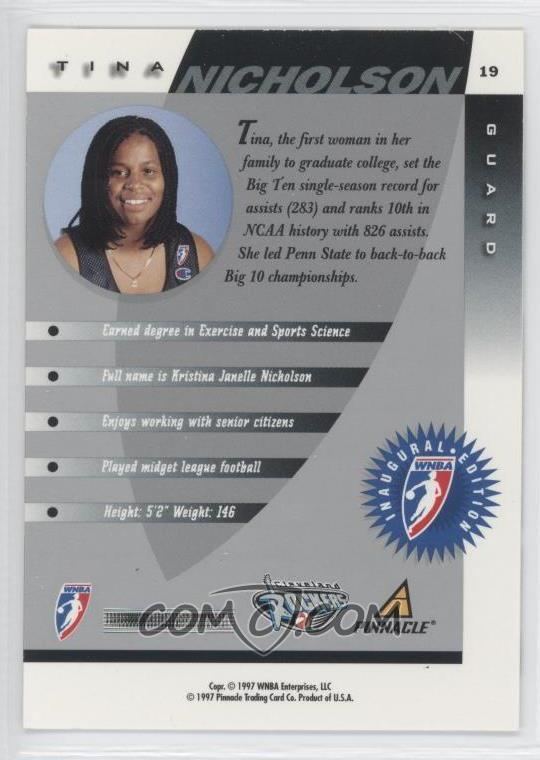 Tina Nicholson 1997 Pinnacle Inside WNBA Base 19 Tina Nicholson COMC Card