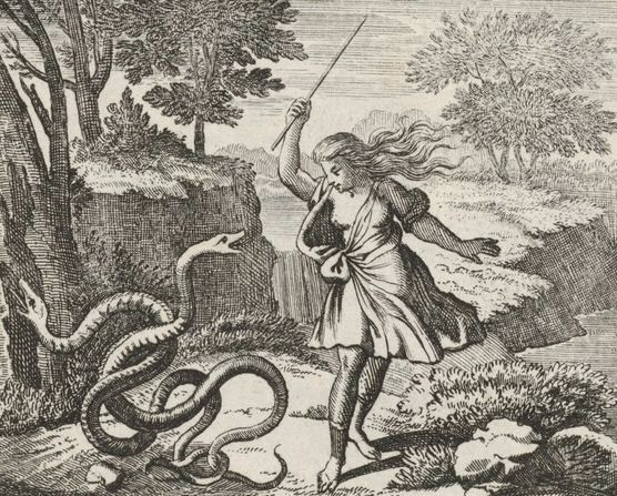 Tiresias strikes two snakes with a stick and he is transformed into a woman by Hera. Engraving by Johann Ulrich Kraus c. 1690. Taken from Die Verwandlungen des Ovidii