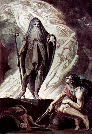 Tiresias appears to Odysseus during the nekyia of Odyssey xi by the Anglo-Swiss Johann Heinrich Füssli, c. 1780–85