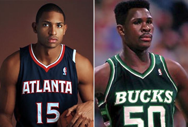Al Horford (left) is serious, has black hair, a mustache, and a beard, left hand holding a basketball, wearing a dark blue Atlanta jersey with red and white lines and a number 15 at the center and an NBA logo on left. Tito Horford is serious, has black hair and a mustache, wearing a green Bucks jersey with black and white lines and a number 50 at the center.