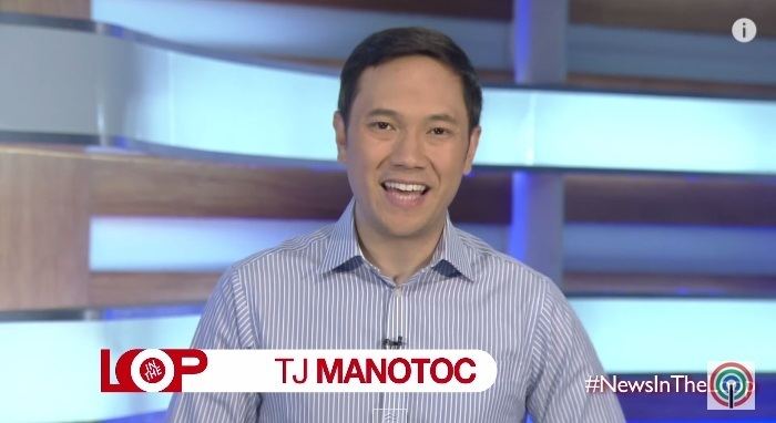 TJ Manotoc reporting a news while wearing white and blue long sleeves