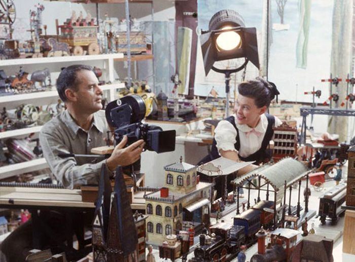 Charles and Ray Eames filming Toccata for Toy Trains circa 1957