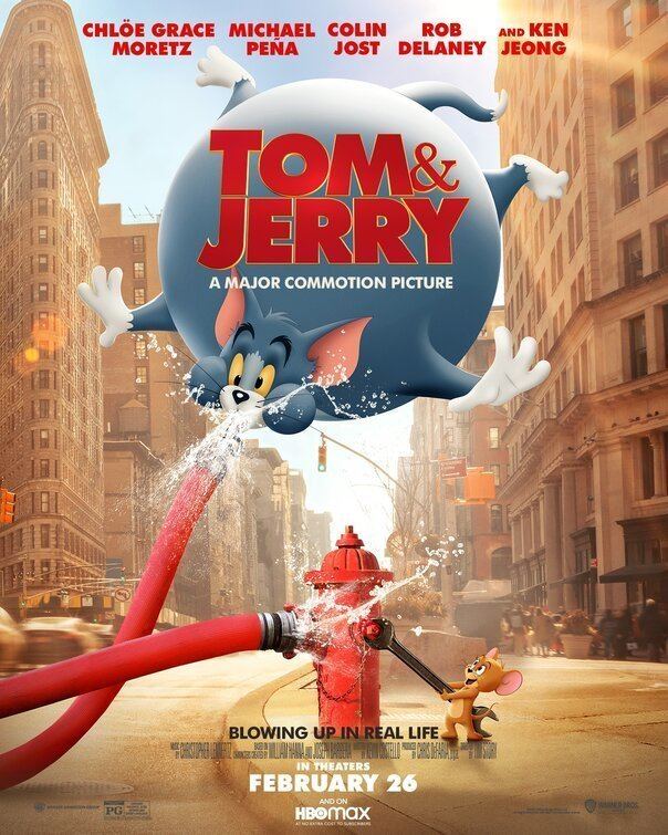 Jerry the mouse fixing a fire hydrant causing a lot of water to flow through the hose going towards Tom's mouth making his tummy grow big