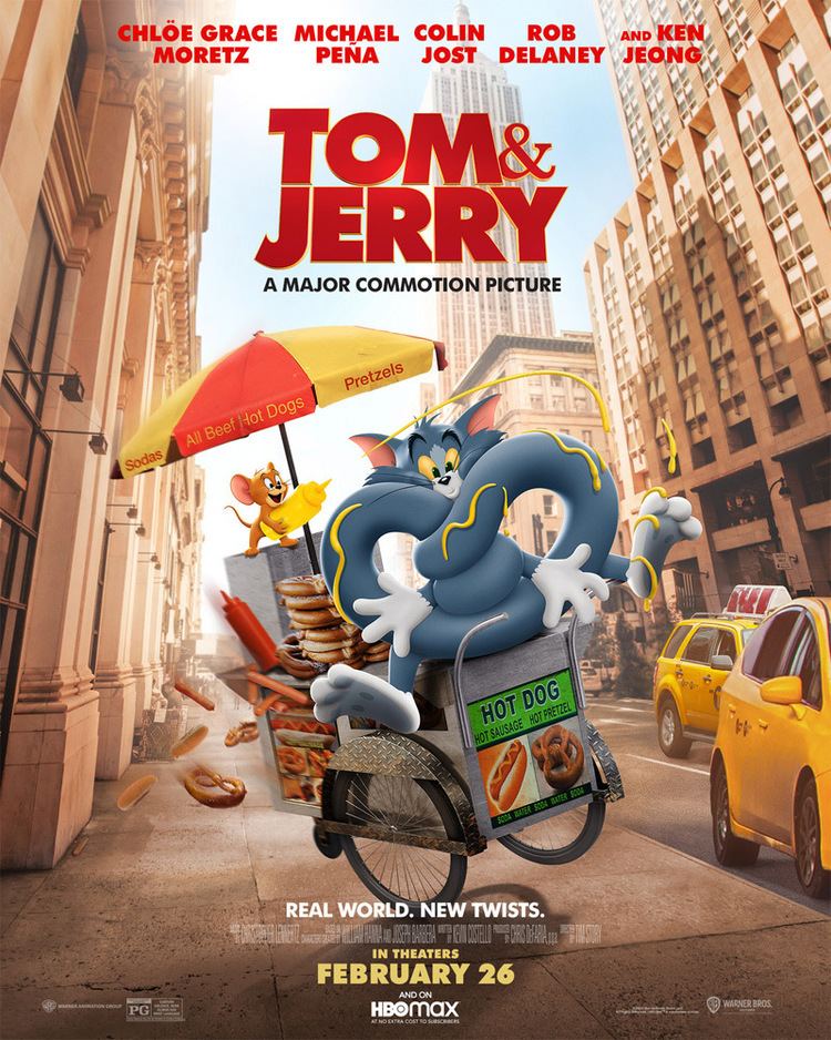 A movie poster of the 2021 cartoon film "Tom and Jerry" featuring  Jerry the mouse and Tom the cat riding on a food cart