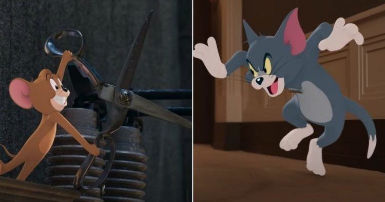On the left is Jerry the mouse carrying scissors while on the right is Tom the cat trying to catch Jerry