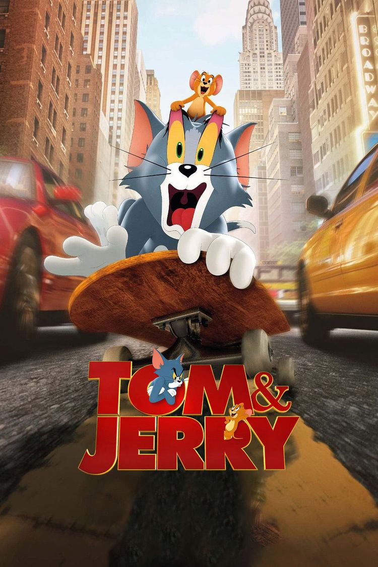 Tom looking afraid while riding on a skateboard with Jerry looking so happy at Tom's back and holding both of his eyes