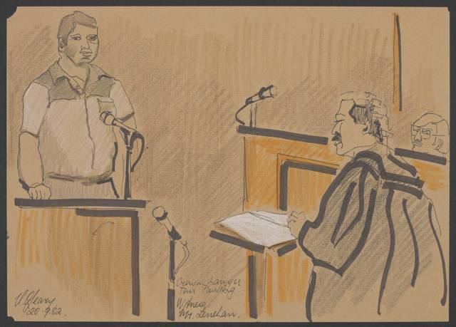 Tom Pauling Courtroom sketch Crown Lawyer Tom Pauling Witness Mr Lenehan