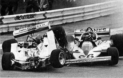Jacques Lafitte's Ligier violently collides with Shadow who was traveling uncontrollably with Tom Pryce's lifeless body inside