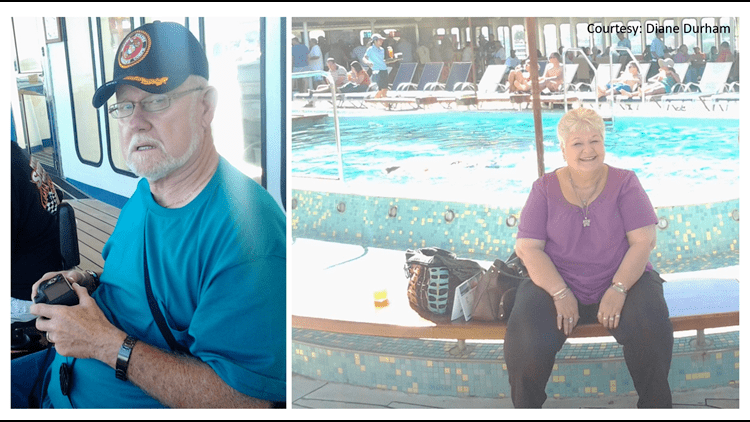 On the left, Jerry Willard with a serious face, wearing a cap, eyeglasses, and a blue shirt. On the right, Patrica Willard smiling, wearing a necklace, a purple shirt, and black pants.