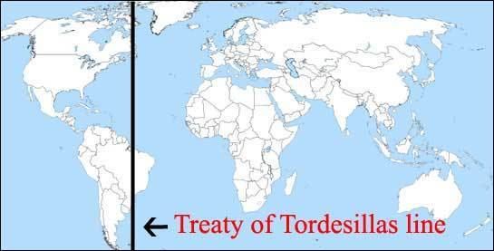 A globe with a straight line that signifies the Treaty of Tordesillas