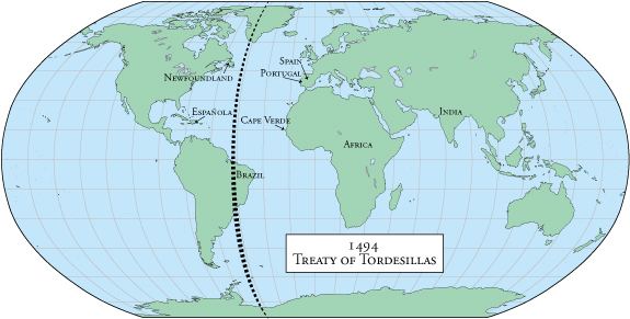 A globe with a dotted line that signifies the 1494 Treaty of Tordesillas