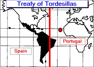 A map with a straight line that signifies the Treaty of Tordesillas
