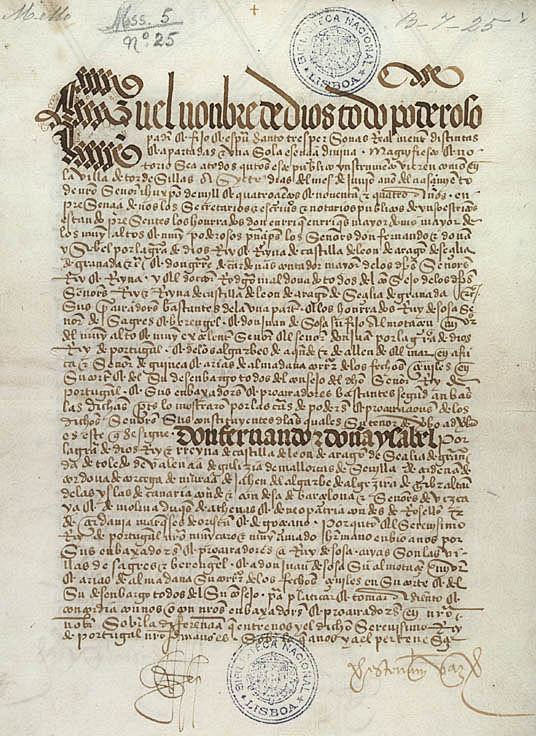 Frontpage of the Portuguese-owned treaty of Tordesillas. This page is written in Spanish
