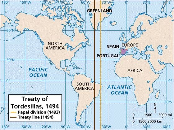 Map showing the line of the Treaty of Tordesillas (brown line) and Papal division (yellow line)