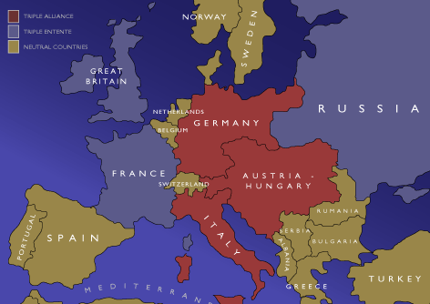 A map showing the alliance system existed in the summer of 1914. Each colors denote the countries belonging to Triple Alliance (Red), Triple Entente (Purple), and Neutral Countries (Brown). The countries belonging to Triple Alliance are Germany, Austria-Hungary, and Italy. The countries belonging to Triple Entente are Great Britain, Russia, and France. The neutral countries are Norway, Sweden, Netherlands, Belgium, Switzerland, Portugal, Spain, Romania (Rumania), Serbia, Albania, Bulgaria, Greece, and Turkey.