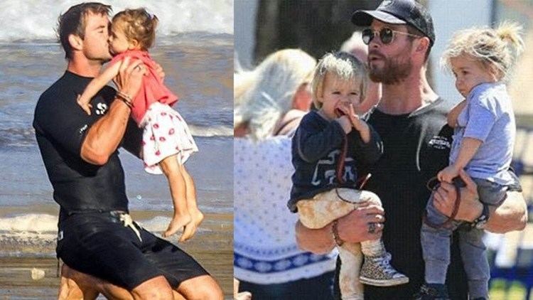 On the left, Chris Hemsworth kissing her daughter India Rose at the beach while on the right, Chris carrying Tristan and Sasha
