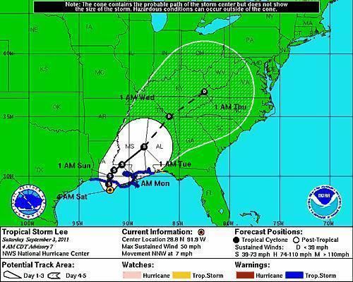 Tropical Storm Lee (2011) Tropical Storm Lee39s winds at 50 mph expected to make landfall