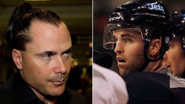 On the left, Troy Westwood with a serious face and wearing a black polo shirt. On the right, Troy with an open mouth, wearing a black football uniform and a black hat.