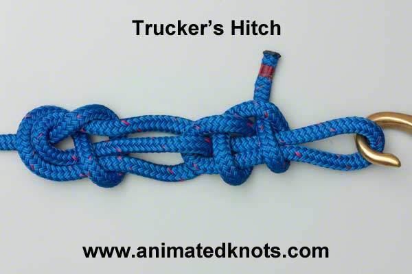 The step by step Instructions of  Trucker’s hitch, At the top is the name “Trucker's hitch” in the middle is a blue rope in a Trucker’s hitch knot with gold hook at the right, at the bottom is a written URL “ www.animatedknots.com