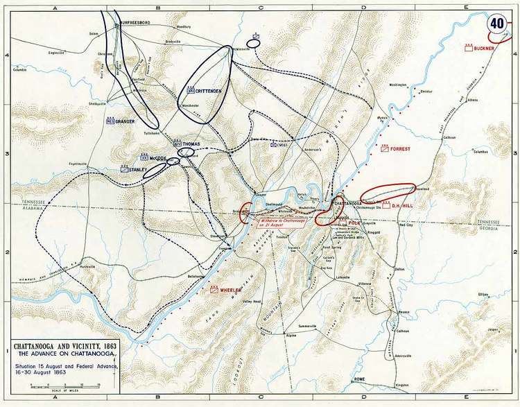 Tullahoma Campaign Map showing Tullahoma Campaign Capture of Chattanooga