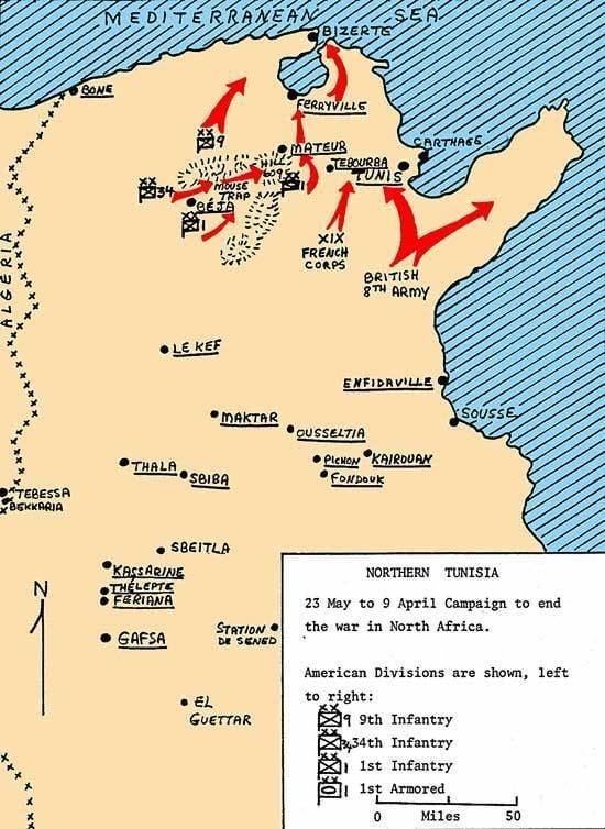 Tunisian Campaign 443rd AAA Bn World War II Northern Tunisian Campaign Map