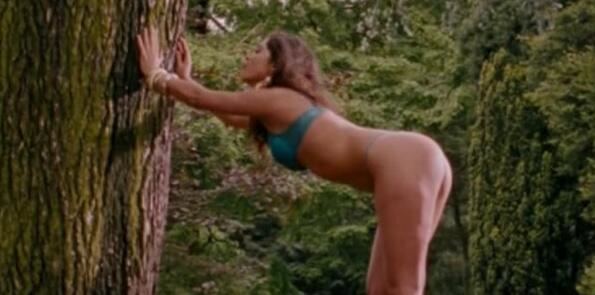Yolanthe Sneijder-Cabau in the forest wearing blue lingerie, a scene from the film Turkse Chick (2006)