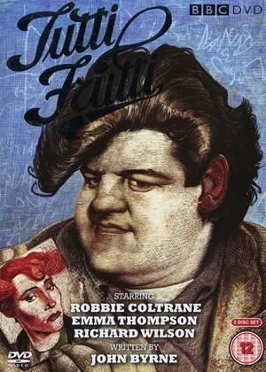 The movie dvd cover of Tutti Frutti (1987 TV series) a drawn colored dvd cover has blue background has title “TUTTI FRUITI” at the top left and BBC DVD at the top right, in the middle Robbie Coltrane is serious, looking down facing right, holding a photo of Emma Thompson that has red hair and lipstick, he has a dark brown hair and red ears wearing a white shirt under a brown polo and brown coat. at the bottom is the cast name "ROBBIE COLTRAINE, EMMA THOMPSON, RICHARD WILSON" Directed by "JOHN BYRNE