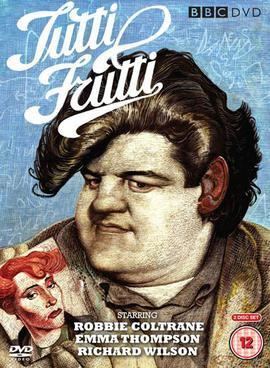 The movie dvd cover of Tutti Frutti (1987 TV series) a drawn colored dvd cover has blue background has title “TUTTI FRUITI” at the top left and BBC DVD at the top right, in the middle Robbie Coltrane is serious, looking down facing right, holding a photo of Emma Thompson that has red hair and lipstick, he has a dark brown hair and red ears wearing a white shirt under a brown polo and brown coat. at the bottom is the cast name "ROBBIE COLTRAINE, EMMA THOMPSON, RICHARD WILSON"