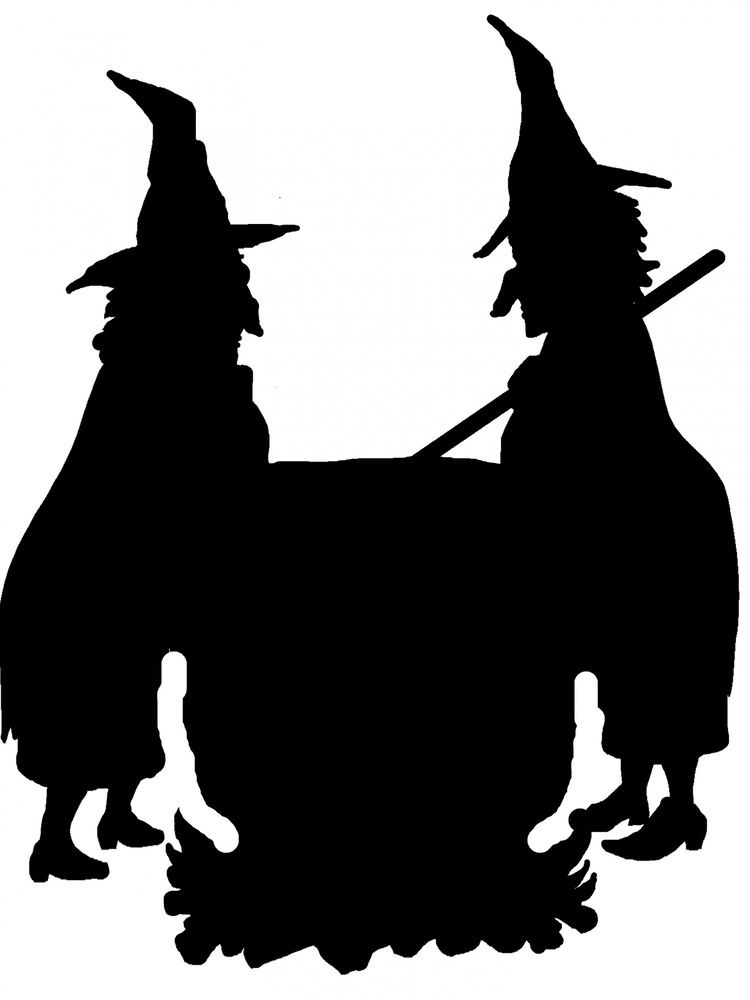 Shadow of two Witches stirring magic in a big pot while wearing a hat, cloak, and shoes