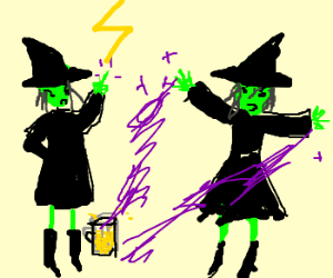 The drawing of two Witches with powers is wearing a black hat, black dress, and black shoes