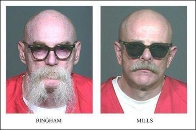 On the left, Tyler Bingham with a serious face, bald head, with beard and mustache, wearing eyeglasses, and a red and white shirt. On the right, Barry Mills with a serious face, bald head, with a mustache, wearing sunglasses, and a red and white shirt