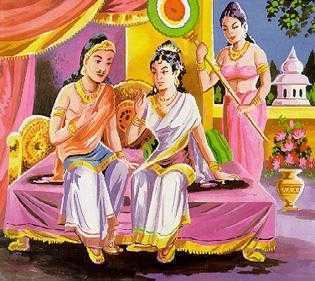 King Śuddhodana and Queen Maha Maya sitting on their bed