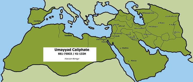 The Umayyad Caliphate with dark green shade