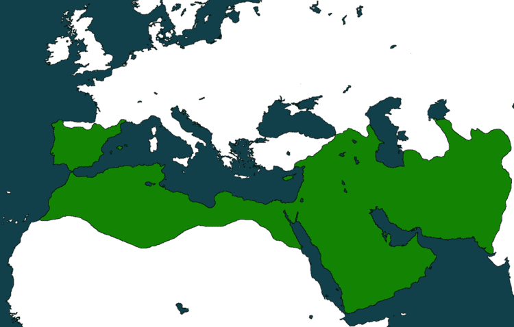 The extent of the Umayyad Caliphate at its peak circa 700 A.D.
