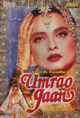 A poster of the 1981 film Umrao Jaan featuring Rekha in a fierce look with her hand touching her head