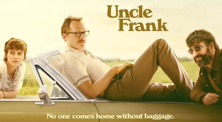 Movie poster of Uncle Frank, a 2020 American comedy-drama film, starring Sophia Lillis, Paul Bettany, and Peter Macdissi. Sofia with short blonde hair, Paul wearing eyeglasses while lying in the car, and Peter wearing sunglasses.