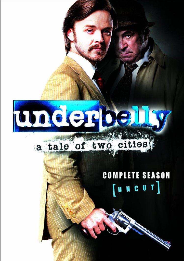 Matthew Newton holding a gun and Roy Billing with a fierce look in the movie poster of the 2009 drama series, Underbelly: A Tale of Two Cities