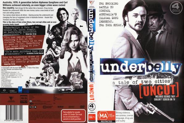 Matthew Newton holding a gun and Roy Billing with a fierce look in the DVD cover of the 2009 drama series, Underbelly: A Tale of Two Cities