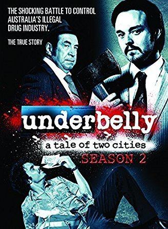 Matthew Newton holding an ax with Roy Billing in the movie poster of the 2009 drama series, Underbelly: A Tale of Two Cities