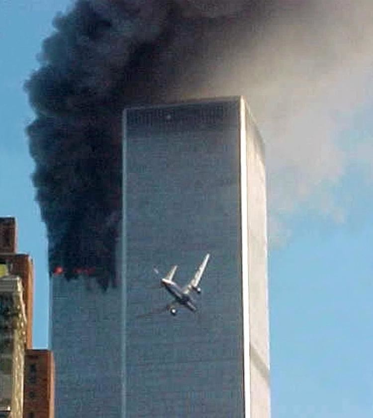 United Airlines Flight 175 about to crash at the World Trade Center in 2001.