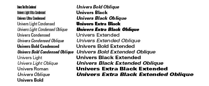 Univers in different font styles.
