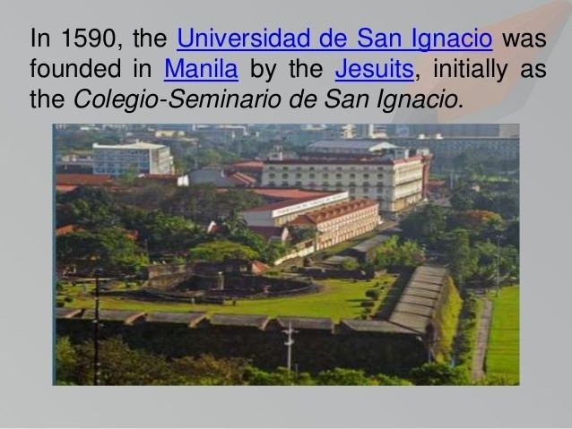 On the upper part, a caption saying, "In 1590, the Universidad de San Ignacio was founded in Manila by the Jesuits, initially as the Colegio-Seminario de San Ignacio". On the lower part, Universidad de San Ignacio's former location being occupied by the Pamantasan ng Lungsod ng Maynila