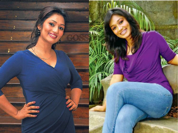 On left, Upeksha Swarnamali posing with both hands in her waist and wearing a dark blue dress. On right, Upeksha Swarnamali sitting down and wearing purple shirt and jean pants.