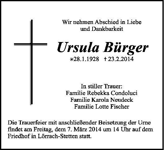 Ursula Bürger Ursula Brger Trauer Traueranzeigen Nachrufe badischezeitungde
