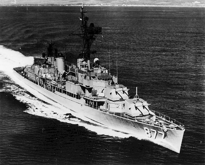 USS Perkins (DD-877), underway following her FRAM II modernization, c. the mid-1960s.
